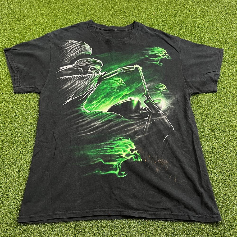 Vintage Y2K Reaper Skull Chopper Grunge Vibrant Green Graphic T Shirt Sz L